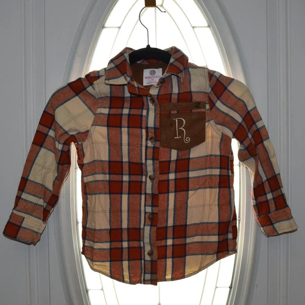 Marleylilly Girls Top YS Plaid Button Down Long Sleeve Orange Navy